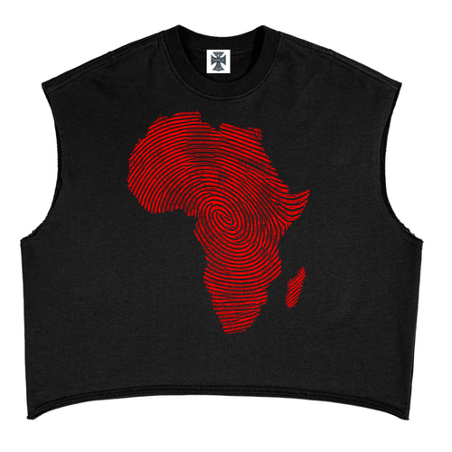 A black sleeveless crop top featuring a red graphic of the African continent in a fingerprint-like pattern on the front, displayed against a solid white background.