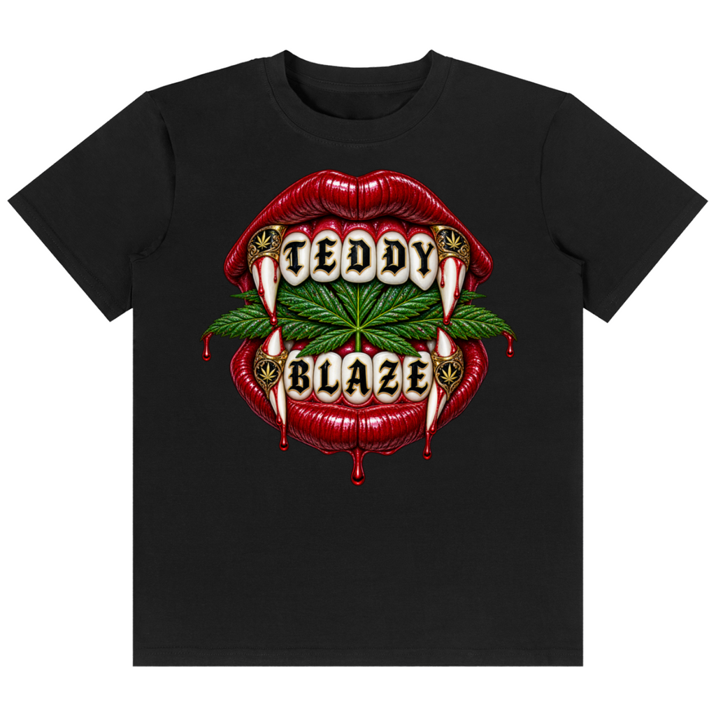 Shop The Craven Classic Tee by Teddy Blaze. 180 GSM cotton-spandex stretch tee featuring a dripping vampire lips and gold grill graphic from the TOPS line of The Mature Mocha Collection.