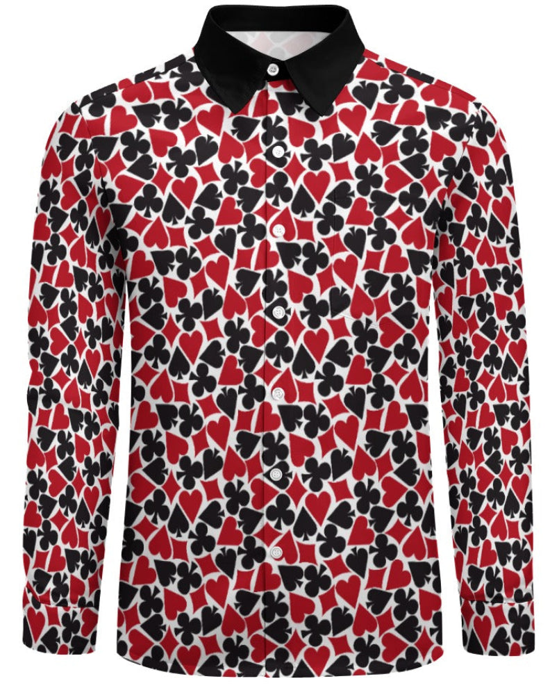 Shop the Iron + Ivy The House Always Wins Peach Velvet Shirt by Teddy Blaze. Long sleeve button-down in soft peach velvet featuring a playing card suits pattern and contrast black collar