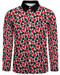Shop the Iron + Ivy The House Always Wins Peach Velvet Shirt by Teddy Blaze. Long sleeve button-down in soft peach velvet featuring a playing card suits pattern and contrast black collar