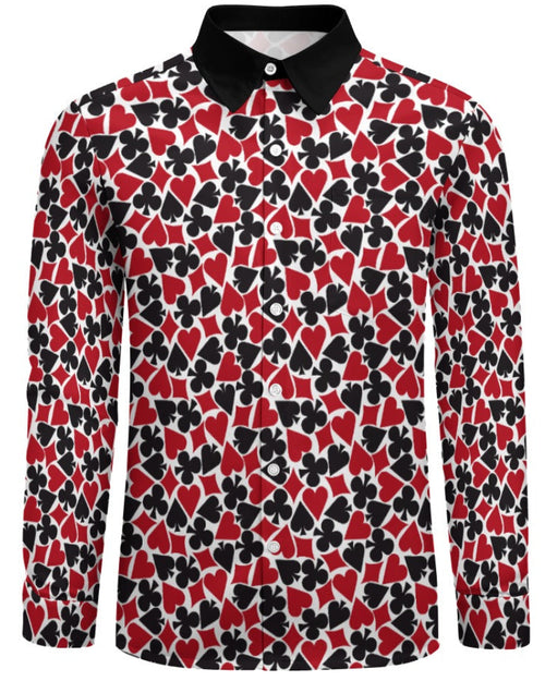 Shop the Iron + Ivy The House Always Wins Peach Velvet Shirt by Teddy Blaze. Long sleeve button-down in soft peach velvet featuring a playing card suits pattern and contrast black collar