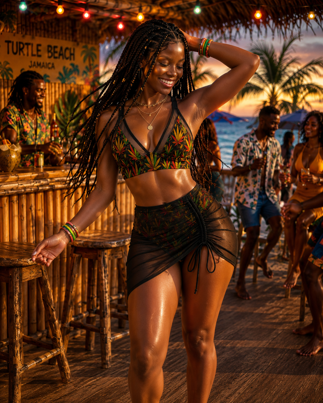 A woman dancing on a beachside bar at sunset, wearing a black triangle bikini top with a colorful tropical print and a matching sheer black sarong skirt.