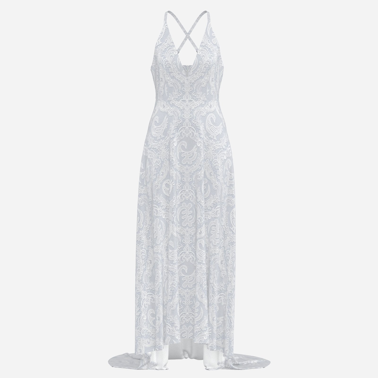 A statement Sankofa lace maxi dress featuring a deep V-neck, cross-back straps, and Teddy Blaze cultural textile design. Afrocentric luxury with modern fashion house energy.