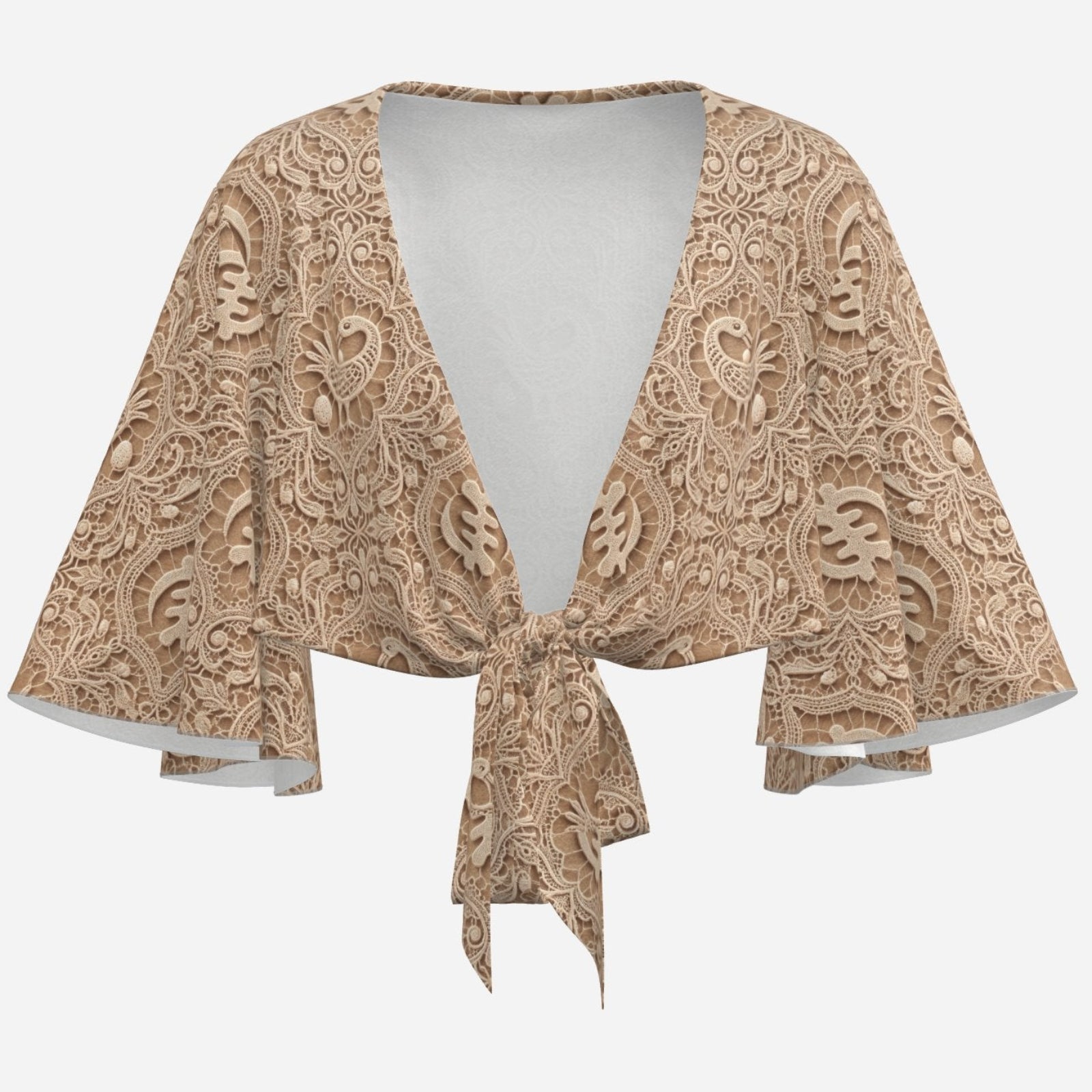 Earth-tone Teddy Blaze cropped wrap cover-up featuring trompe l'oeil lace, Sankofa motifs, flowing bat-wing sleeves and an adjustable tie front.