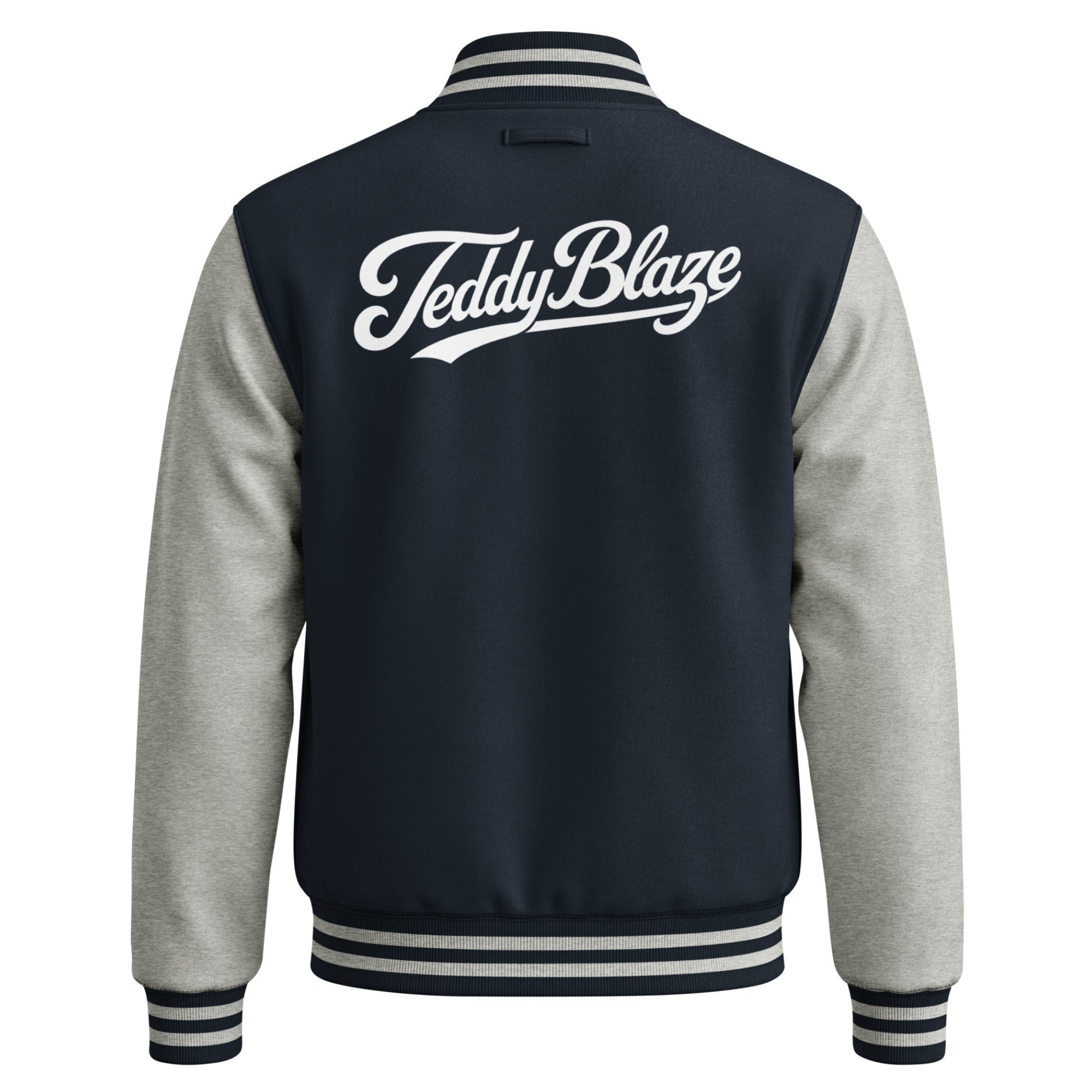 Shop the Men's Signature Varsity Jacket by Teddy Blaze. Medium-heavy fleece jacket with contrast sleeves, snap closure, and script Teddy Blaze back graphic.
