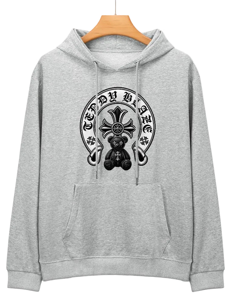 Teddy Blaze Ursa Cruz Signature Cotton Pullover Hoodie | Men's Heather Grey Gothic Graphic Hoodie