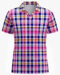 Shop the Iron + Ivy Vibrant Heritage Plaid Mesh Open Polo by Teddy Blaze. Breathable mesh golf polo featuring preppy navy, magenta, and yellow plaid with a V-neck open collar.