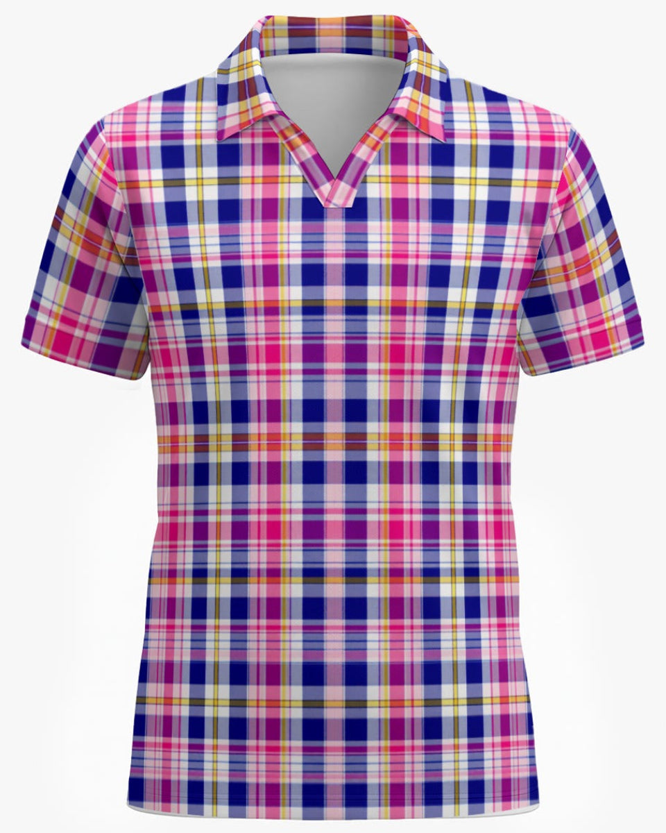 Shop the Iron + Ivy Vibrant Heritage Plaid Mesh Open Polo by Teddy Blaze. Breathable mesh golf polo featuring preppy navy, magenta, and yellow plaid with a V-neck open collar.