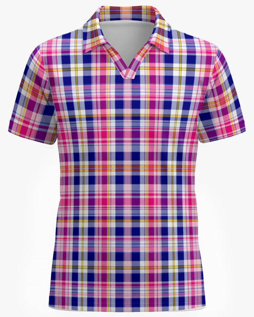 Shop the Iron + Ivy Vibrant Heritage Plaid Mesh Open Polo by Teddy Blaze. Breathable mesh golf polo featuring preppy navy, magenta, and yellow plaid with a V-neck open collar.