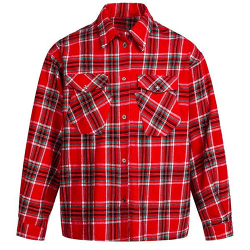Shop the Iron + Ivy Vintage Crimson Plaid Heavy Cotton Overshirt by Teddy Blaze. Men’s heavy cotton plaid shirt jacket featuring dual chest flap pockets and silver hardware.