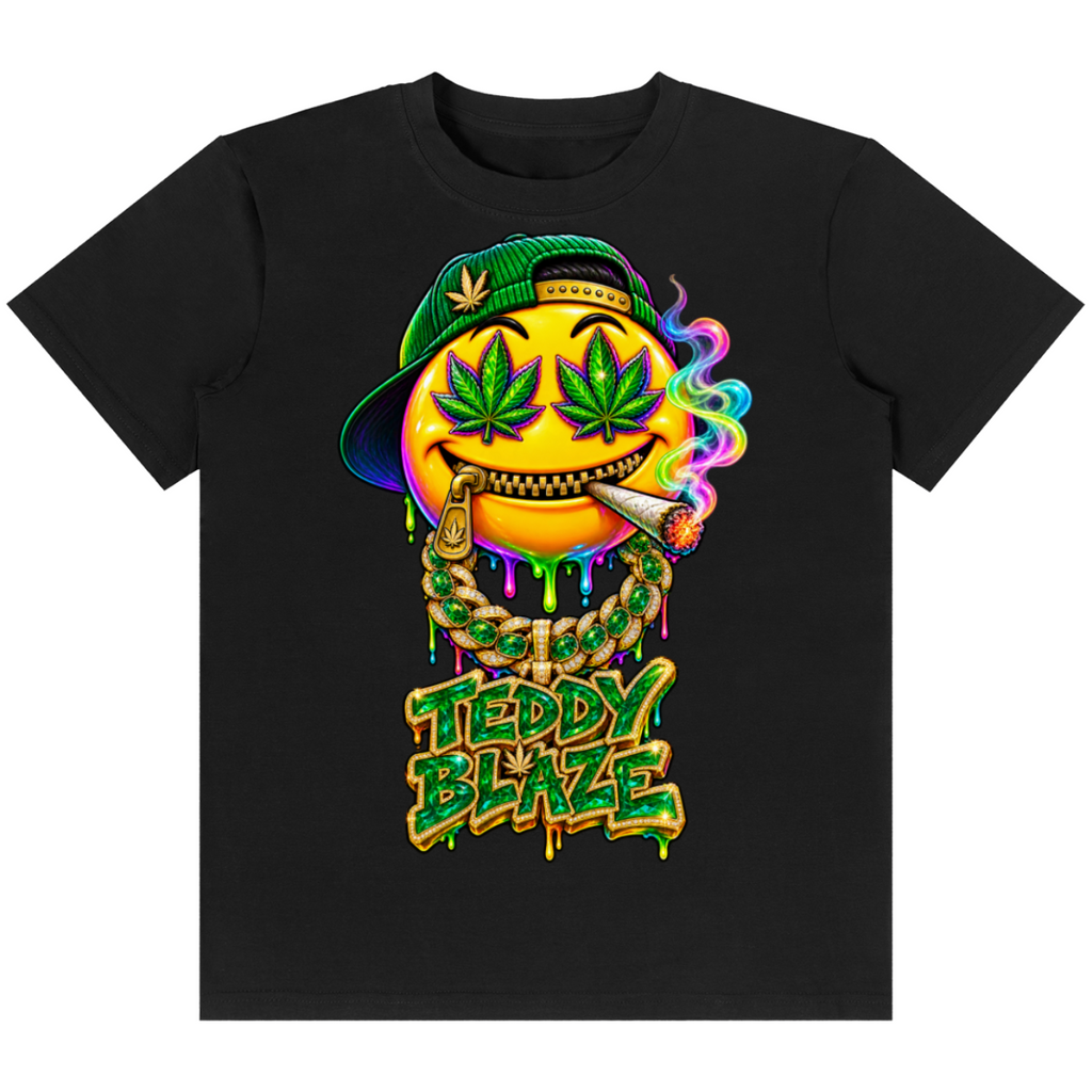 Shop the Wakey Bakey Head Classic Tee by Teddy Blaze. 180 GSM cotton-spandex stretch tee with psychedelic smiley artwork reflecting high-stakes energy from the HEAT line of The Mature Mocha Collection.