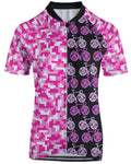 Shop the Iron + Ivy Women’s Split Pixel & Bike Cycling Jersey by Teddy Blaze. Breast Cancer Awareness edition women's slim-fit cycling jersey in split magenta digital camo and purple bike line-art.