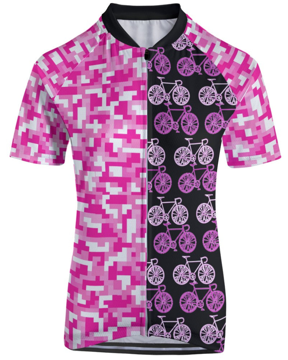 Shop the Iron + Ivy Women’s Split Pixel & Bike Cycling Jersey by Teddy Blaze. Breast Cancer Awareness edition women's slim-fit cycling jersey in split magenta digital camo and purple bike line-art.