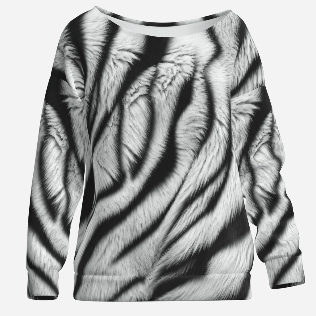 Teddy Blaze Zebra Trompe L'oeil Off the Shoulder Jumper with dimensional black and white faux fur zebra print